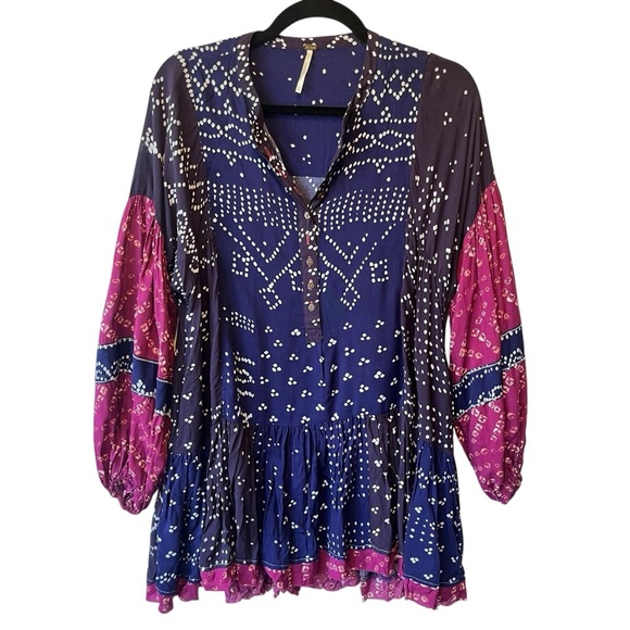 Free People Dresses & Skirts - Free People Shibori Mini swing dress Tunic blouse XS Long balloon sleeves top